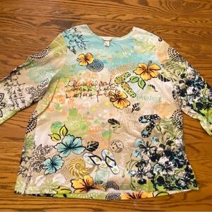 CJ Banks Shirts 1X Womens White Floral Quarter Sleeve Round Neck Casual Blouse